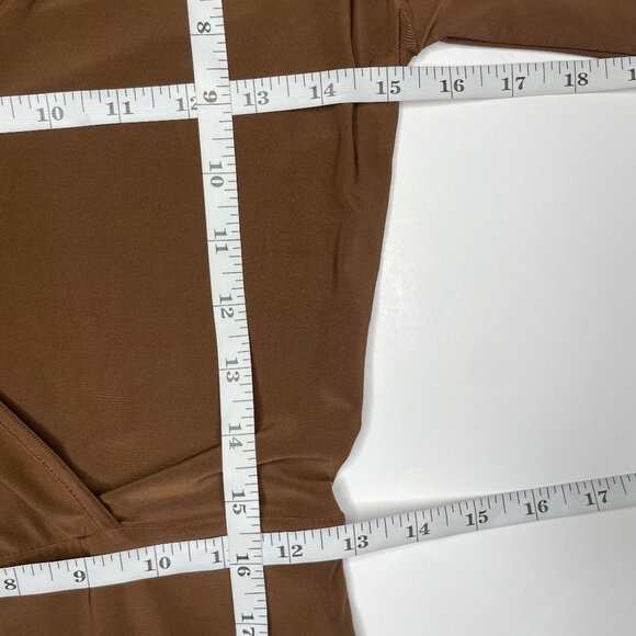 Modbe Chocolate Brown Surplice Wrap Dress Bell Sleeve Ruched Waist Stretchy Midi - Picture 7 of 12
